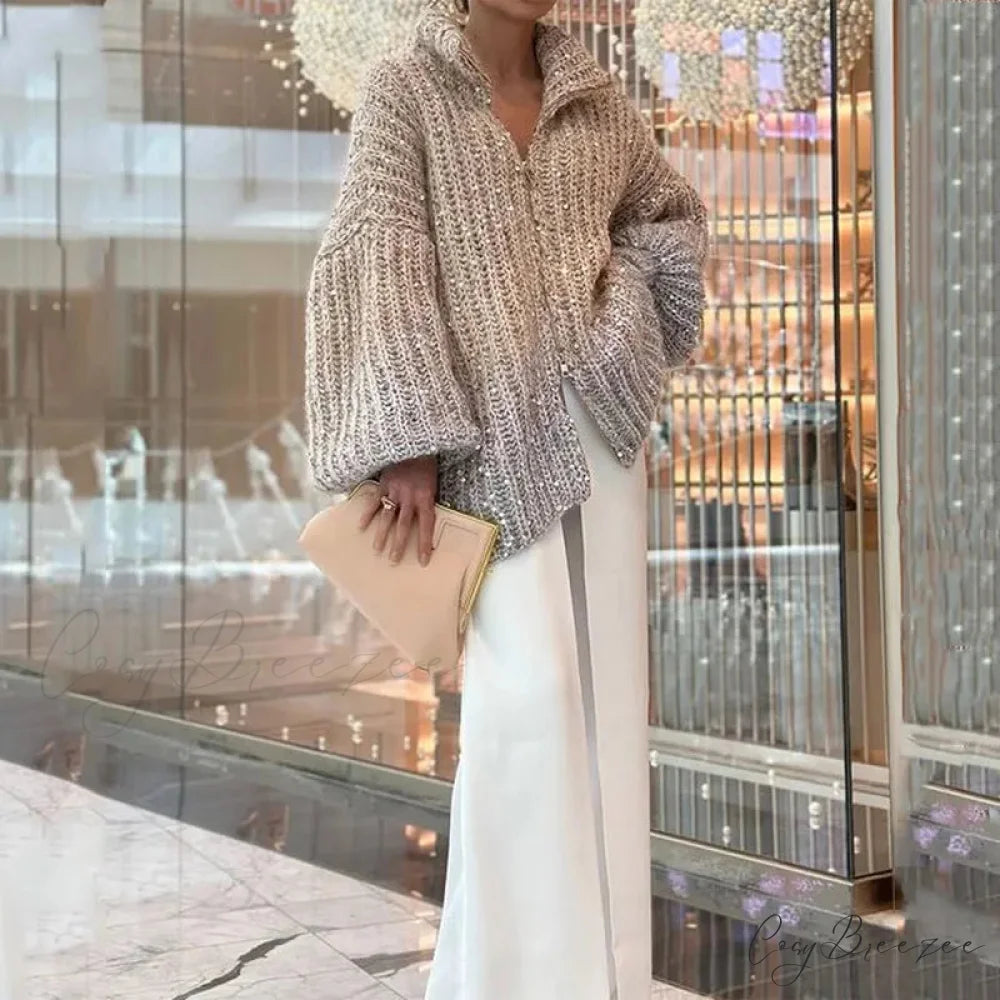 Sequin V-neck Sweater Cardigan cardigans-241228