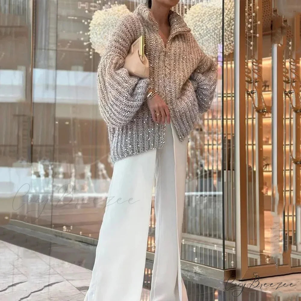Sequin V-neck Sweater Cardigan cardigans-241228