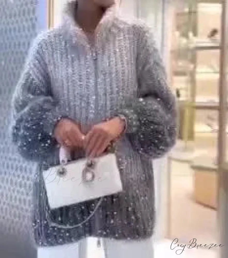 Sequin V-neck Sweater Cardigan Grey / S cardigans-241228