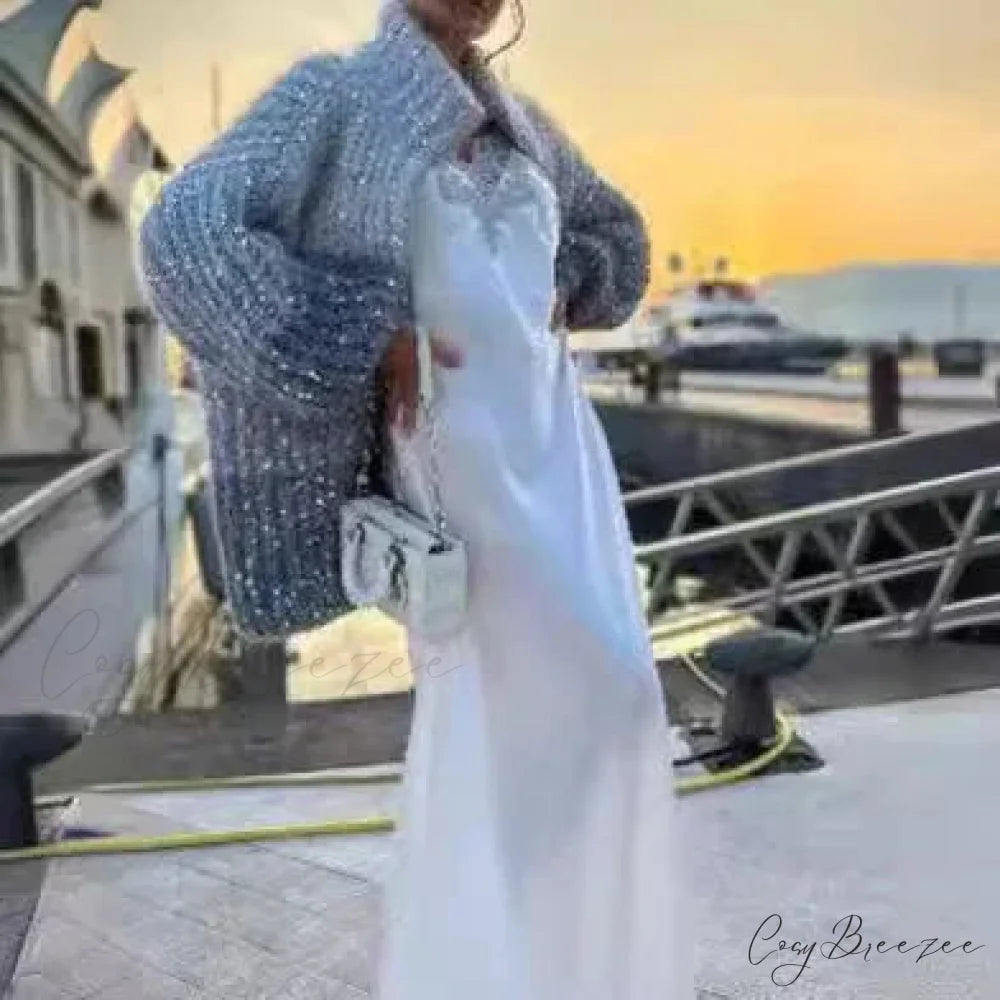 Sequin V-neck Sweater Cardigan Sky Blue / S cardigans-241228