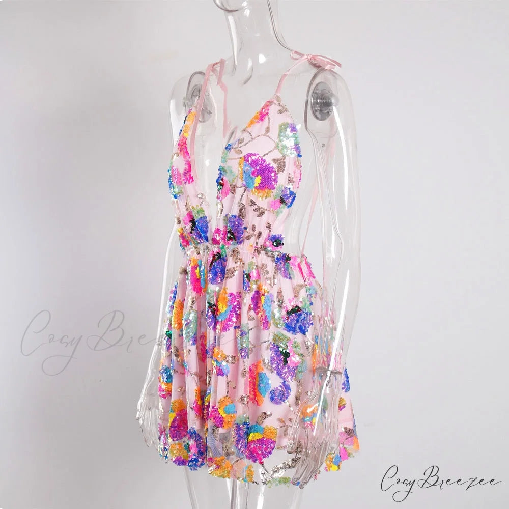 Sequined Deep V-Neck Charming Backless Mini Dress