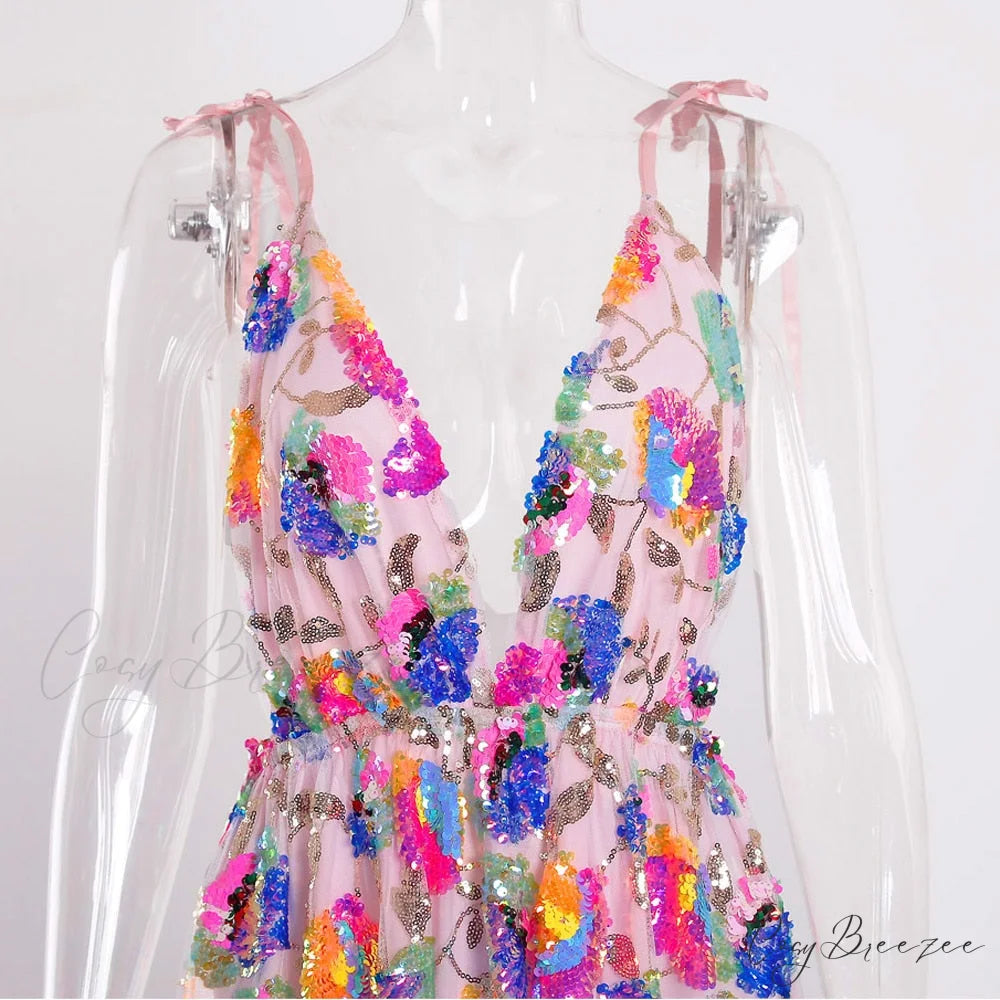 Sequined Deep V-Neck Charming Backless Mini Dress