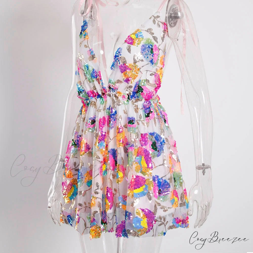Sequined Deep V-Neck Charming Backless Mini Dress
