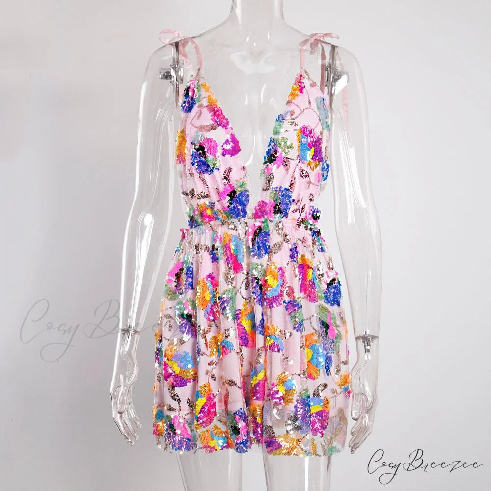 Sequined Deep V-Neck Charming Backless Mini Dress