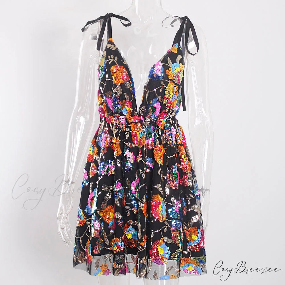 Sequined Deep V-Neck Charming Backless Mini Dress Black / M