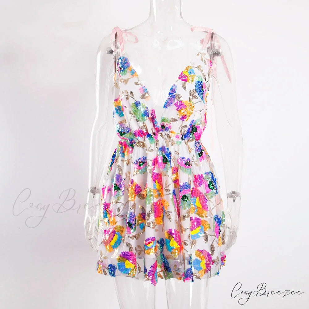 Sequined Deep V-Neck Charming Backless Mini Dress White / M
