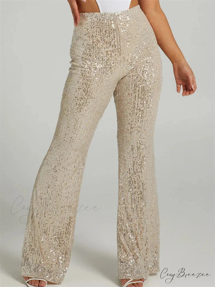 Sequined High Waist Slim Fit Flared Club Pant Beige / S pant-250223