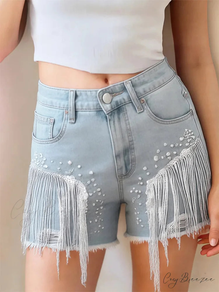 Sequins Tassel Ripped Denim Shorts short-250223