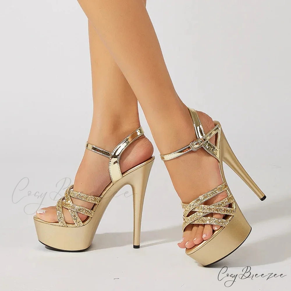 Sexy 15CM Fetish High Heels Platform Sandals - Sequined Narrow Band Open Toe Wedding Banquet Shoes for Women - Zapatos