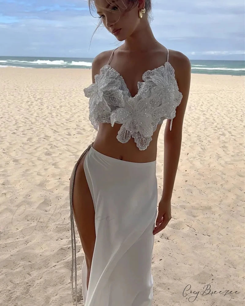 Sexy 2 Piece Sequin Flower Applique Split Dress White / S floraldress-250126