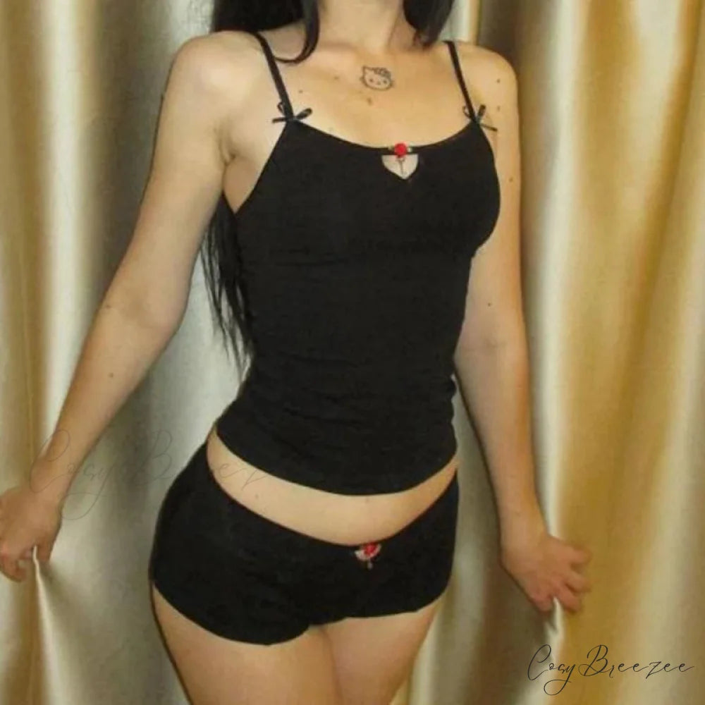 Sexy 2 Piece Set Kawaii Spaghetti Camis + Shorts Pajamas BLACK / S twopiecesset-250126