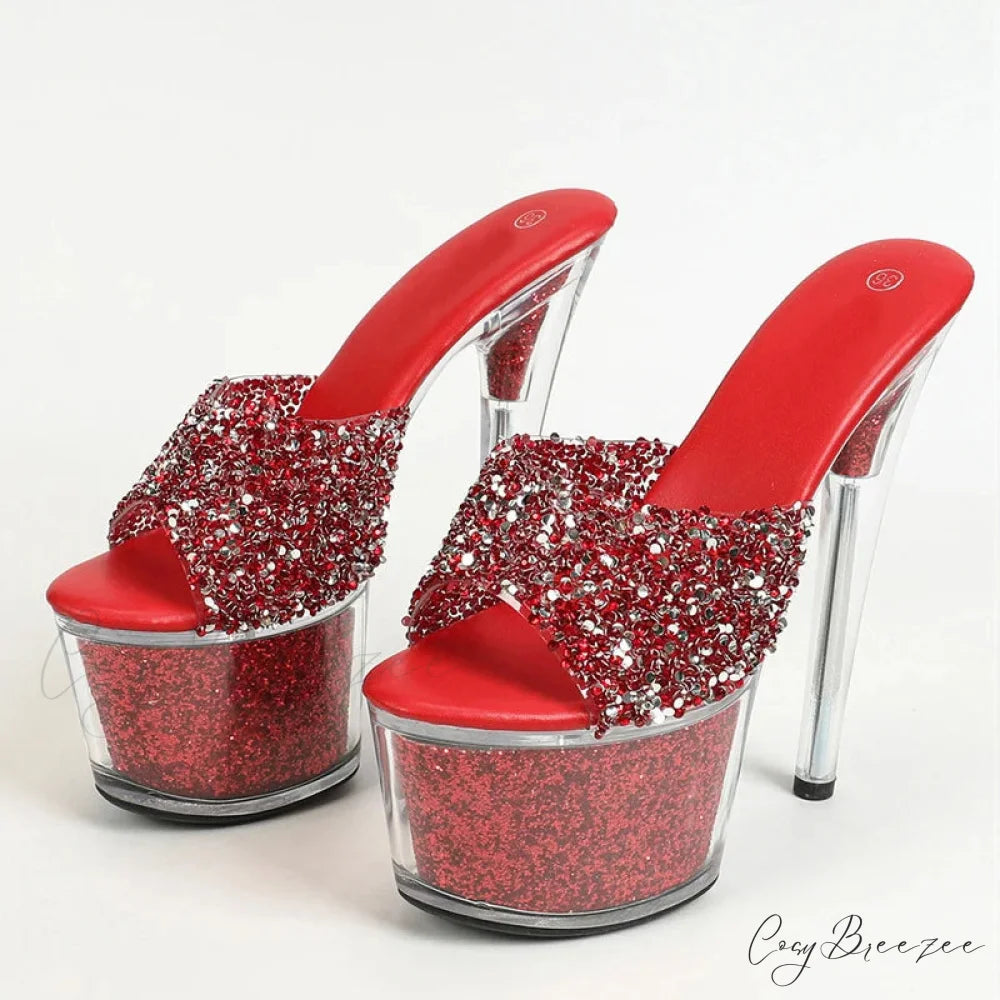 Sexy 20CM Platform Slippers Fashion Sequined Transparent Sandals Summer Open Toe Clear High Heels - Size 34-43 Red / 34