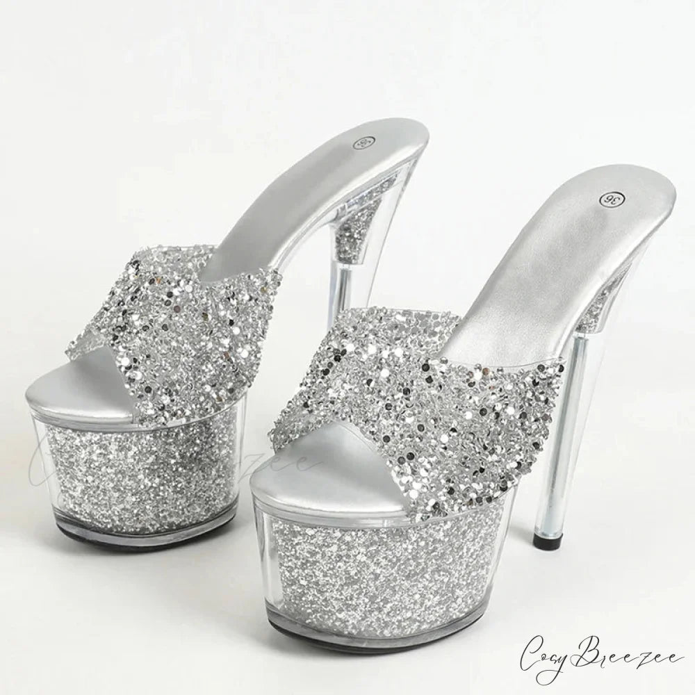 Sexy 20CM Platform Slippers Fashion Sequined Transparent Sandals Summer Open Toe Clear High Heels - Size 34-43 Silver