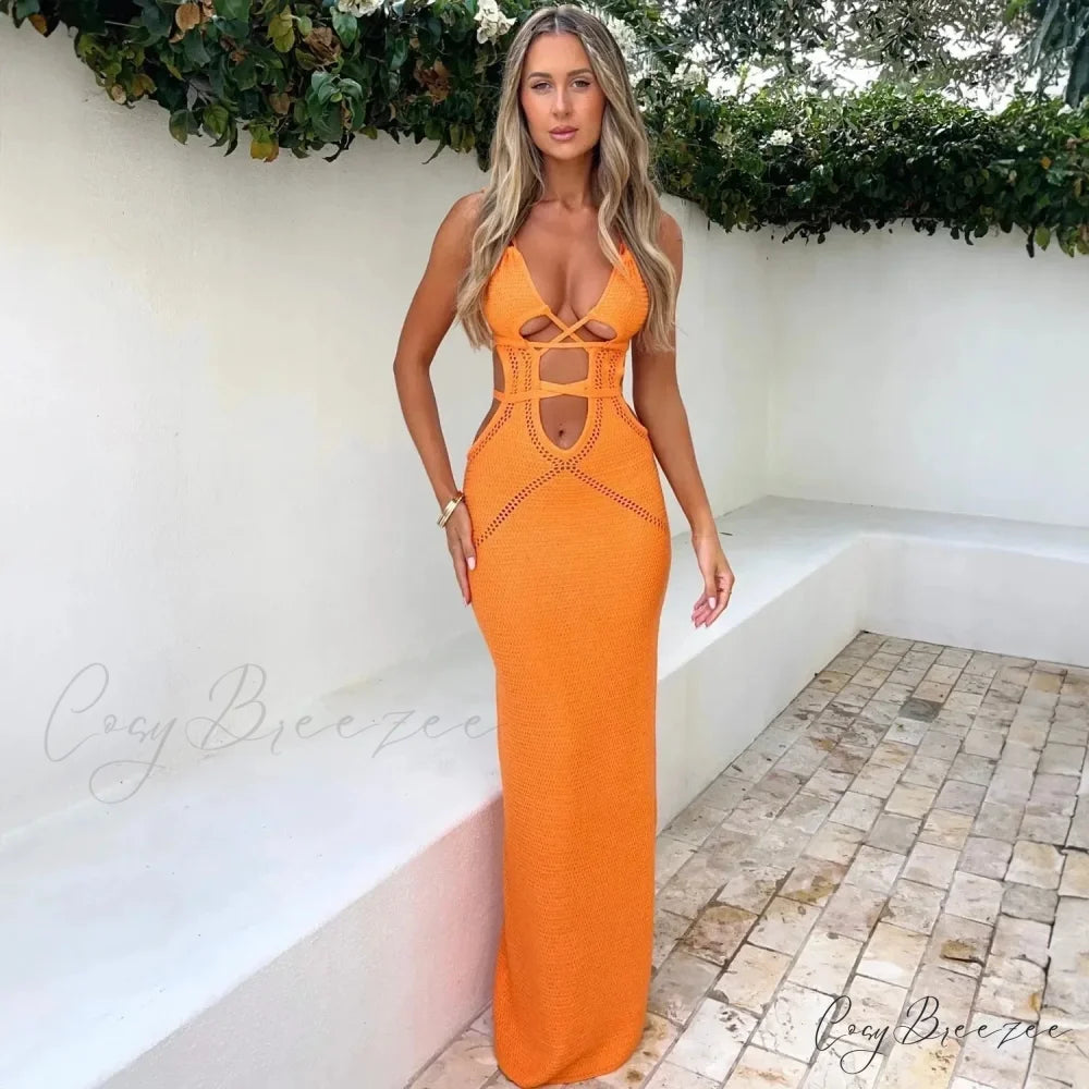 Sexy Backless Bandage White Maxi Dress Orange / S