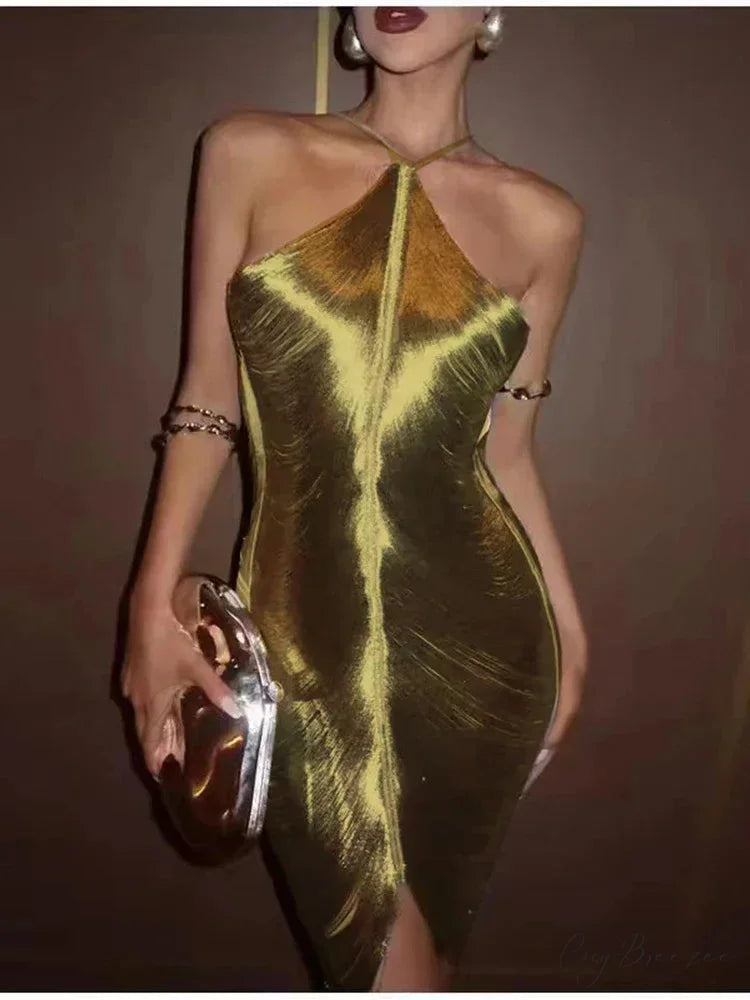 Sexy Backless Hanging Neck Tassel Mini Chic Slim Party Christmas Party Dress Gold / S