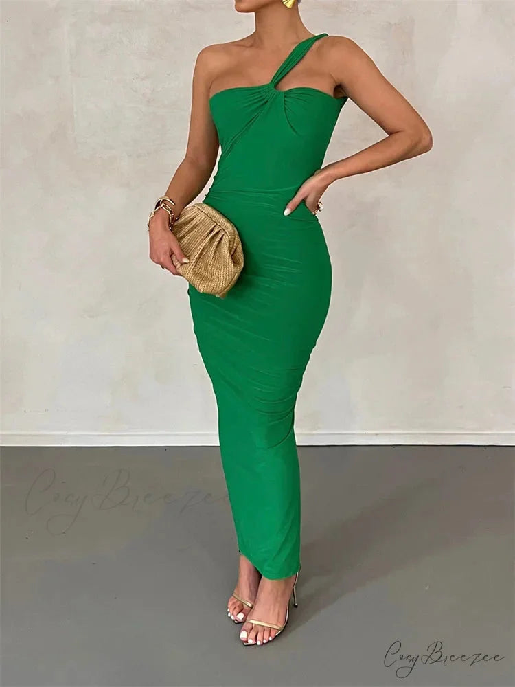Sexy Backless Ruched Women Sleeveless Single Strap Off Shoulder Bodycon Party Club Female Vestidos GREEN / S