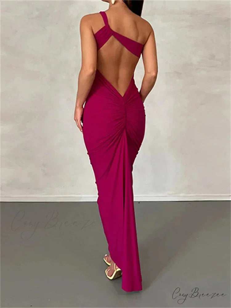 Sexy Backless Ruched Women Sleeveless Single Strap Off Shoulder Bodycon Party Club Female Vestidos RED / S