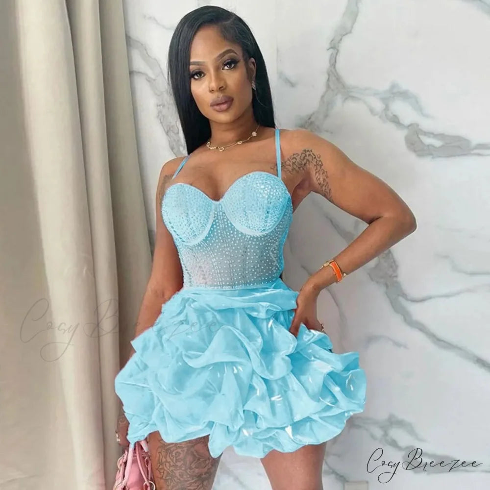 Sexy Backless Tassels Mini Solid Color Sleeveless Bodycon Low Cut V Neck Halter Neck Party Night Club Dress Blue / S