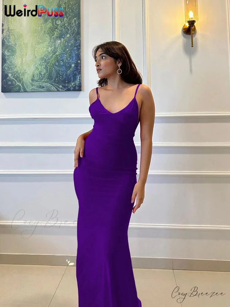 Sexy Backless V-Neck Folds Mermaid Maxi Dress PURPLE / S