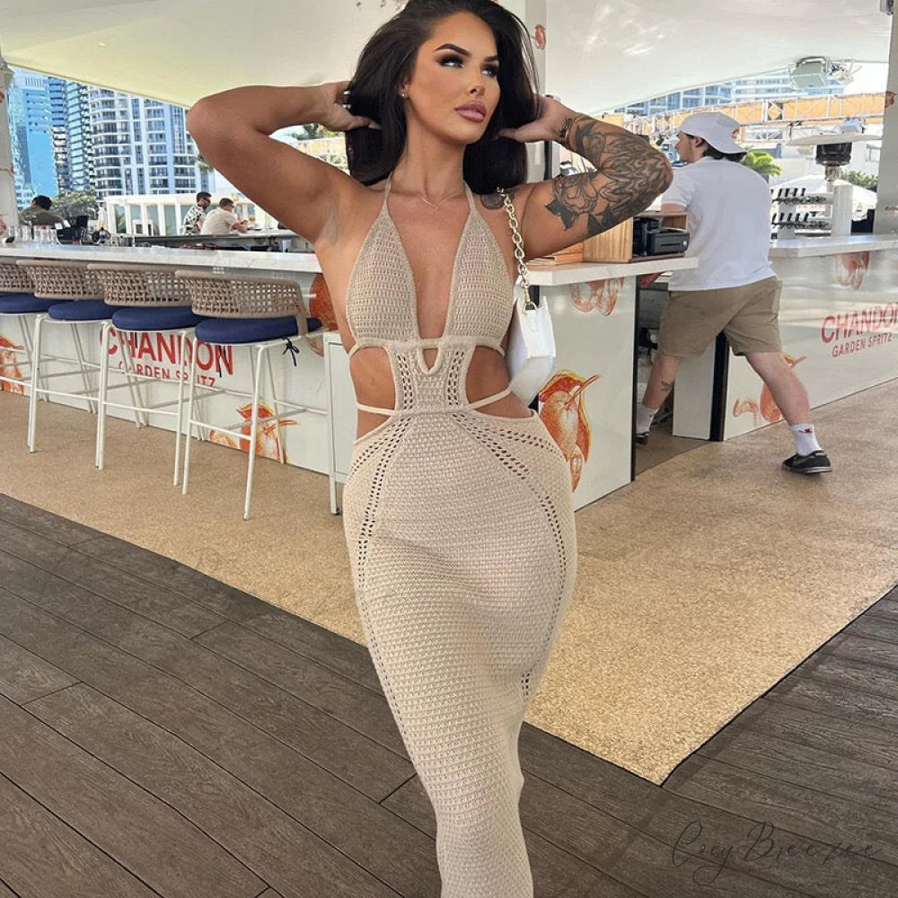 Sexy Backless Wrap Charming Chest Midi Dress khaki / S