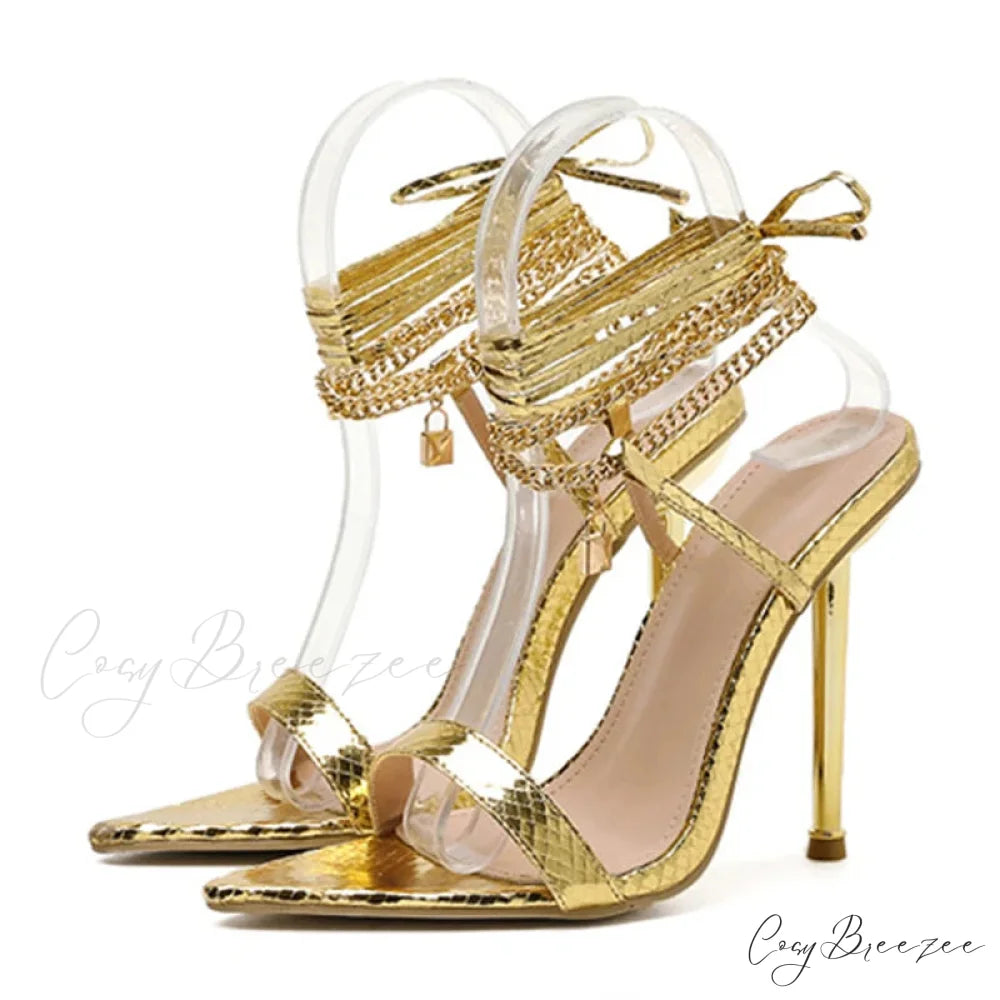 Sexy Chain Ankle-Strap Gold Pointed-Toe 12CM New Summer Female Party High Heel Golden / 35