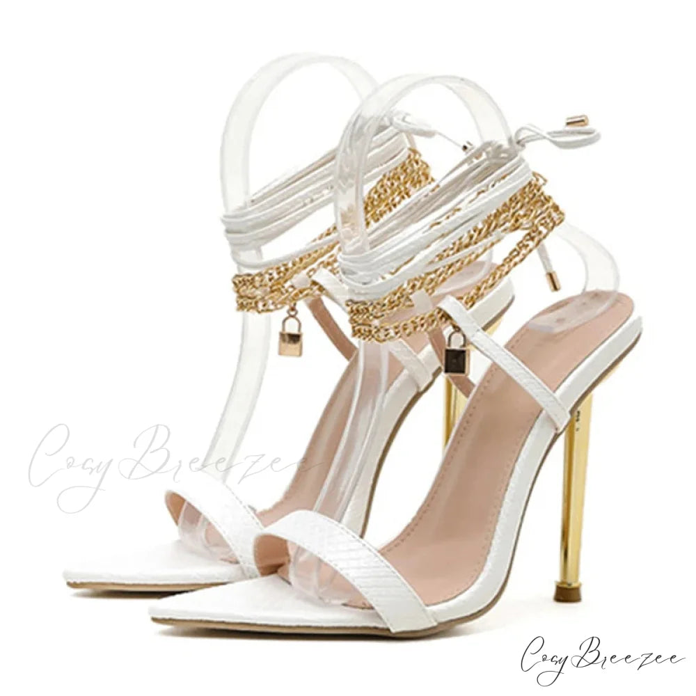 Sexy Chain Ankle-Strap Gold Pointed-Toe 12CM New Summer Female Party High Heel White / 35