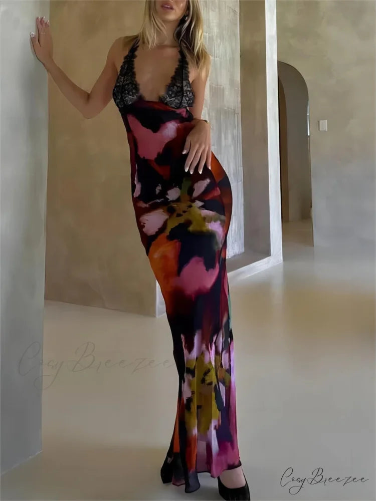 Sexy Deep V Lace Graceful Patchwork Printed Auspender Maxi Dress Multicolor / S