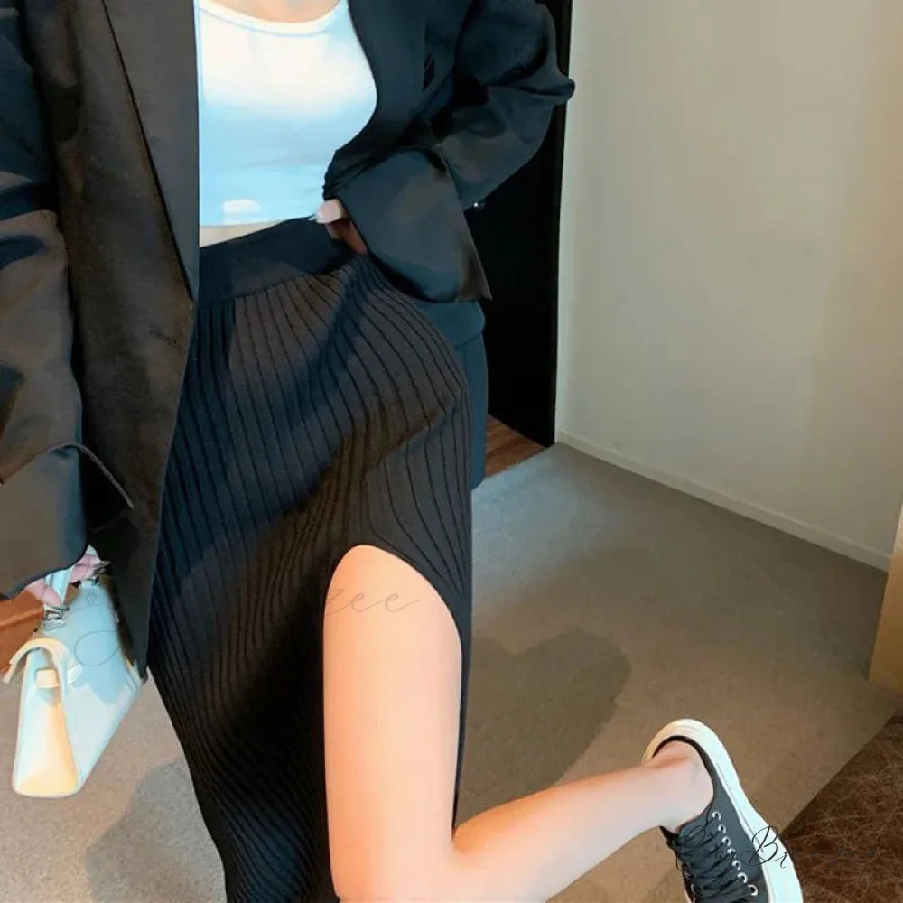 Sexy Elegant Slim Fit High-Waisted Knitted Chic Autumn Winter Midi Skirt