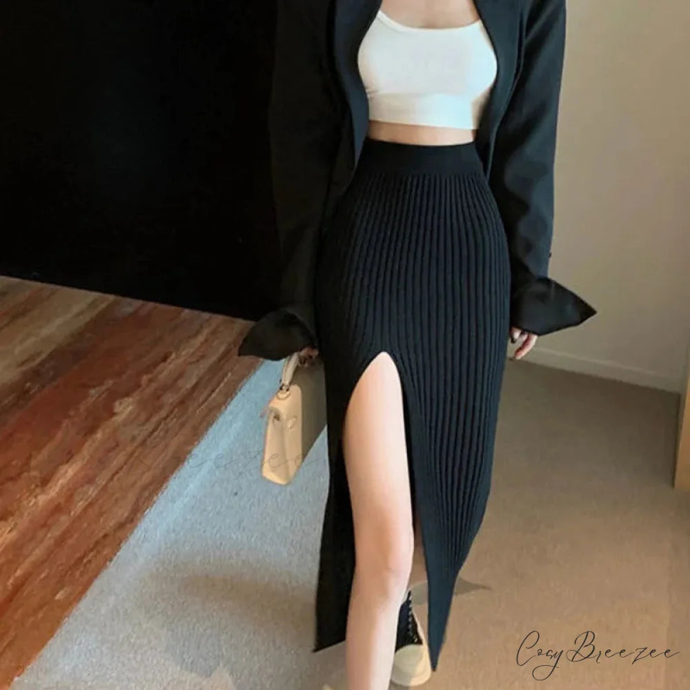 Sexy Elegant Slim Fit High-Waisted Knitted Chic Autumn Winter Midi Skirt Black / One Size