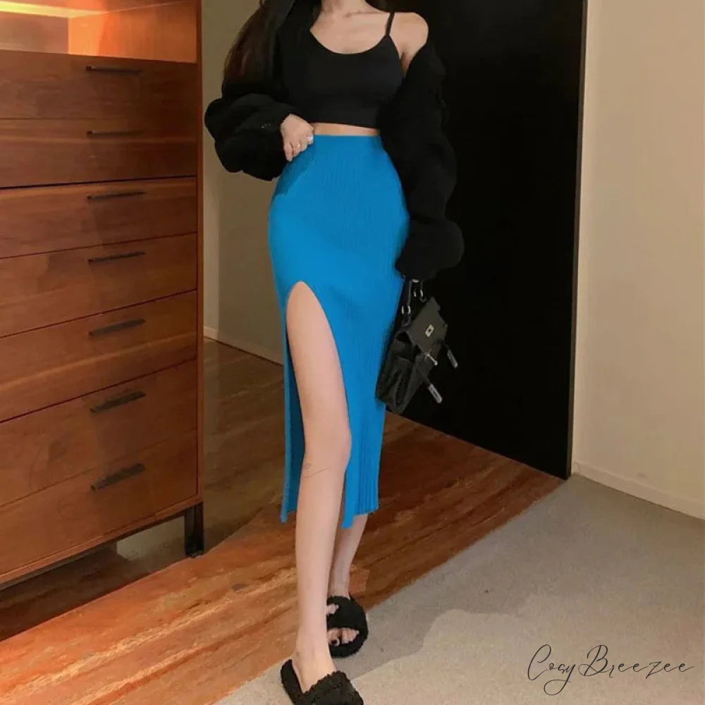 Sexy Elegant Slim Fit High-Waisted Knitted Chic Autumn Winter Midi Skirt Blue / One Size