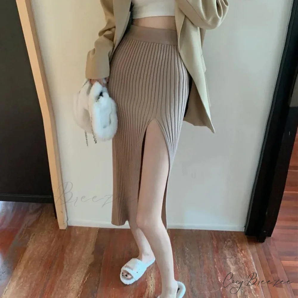 Sexy Elegant Slim Fit High-Waisted Knitted Chic Autumn Winter Midi Skirt Khaki / One Size