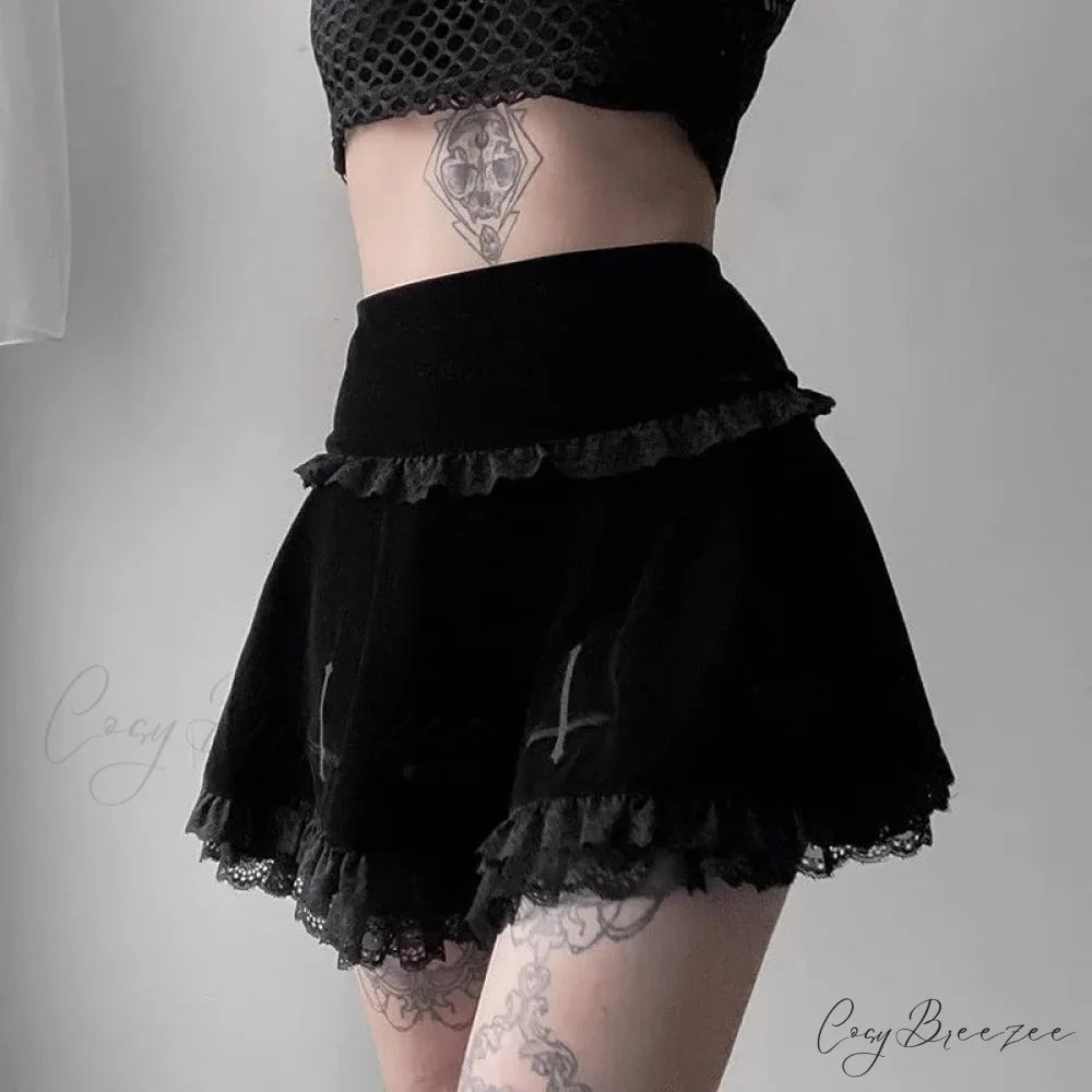 Sexy Fashion Summer Embroidery Black Gothic Casual Stylish Lace Trim Skirt BLACK / S