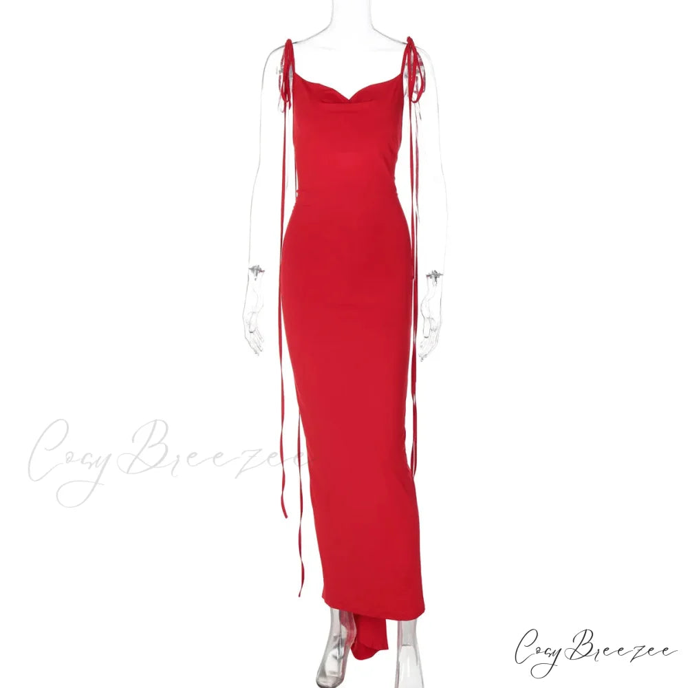 Sexy Floral-applique Backless Elegant Maxi Christmas Party Dress Red / S