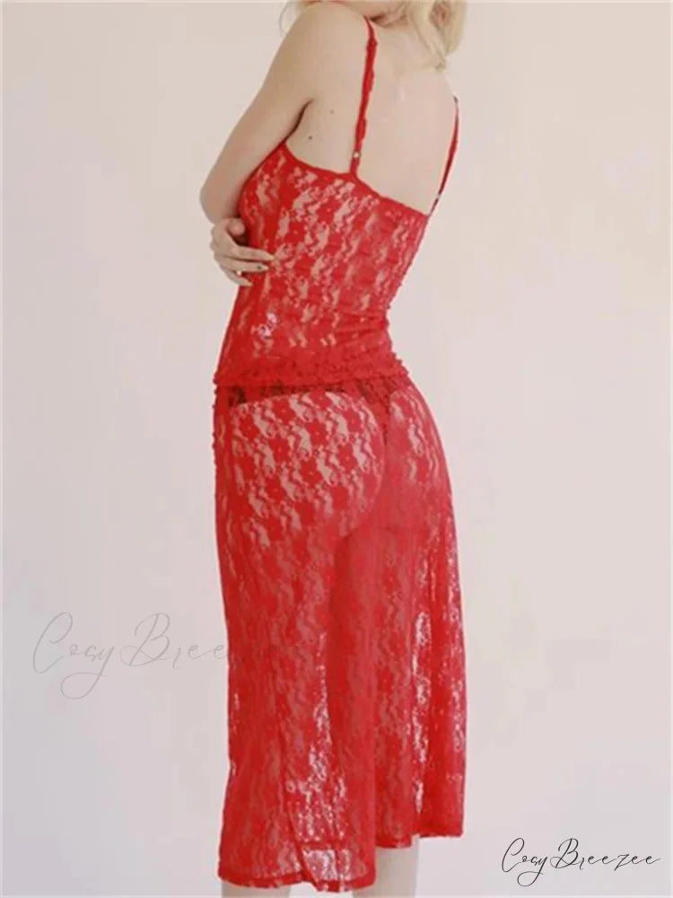 Sexy Floral Lace Strap Tank + Long Skirt Set Red / S twopiecesset-250126