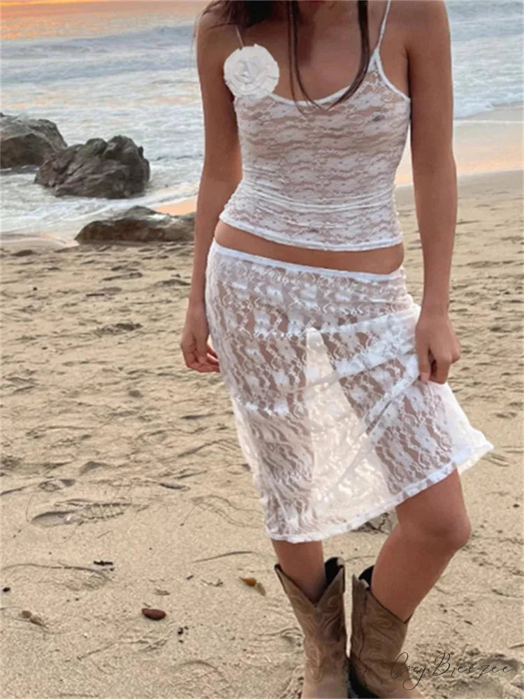 Sexy Floral Lace Strap Tank + Long Skirt Set twopiecesset-250126