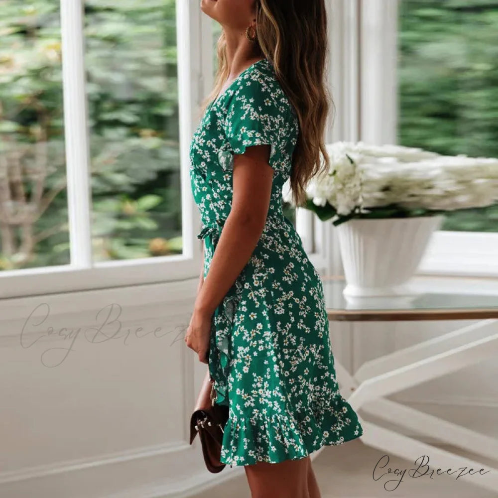 Sexy Floral Print V-neck Chiffon Mini Floral Dress floraldress-250126