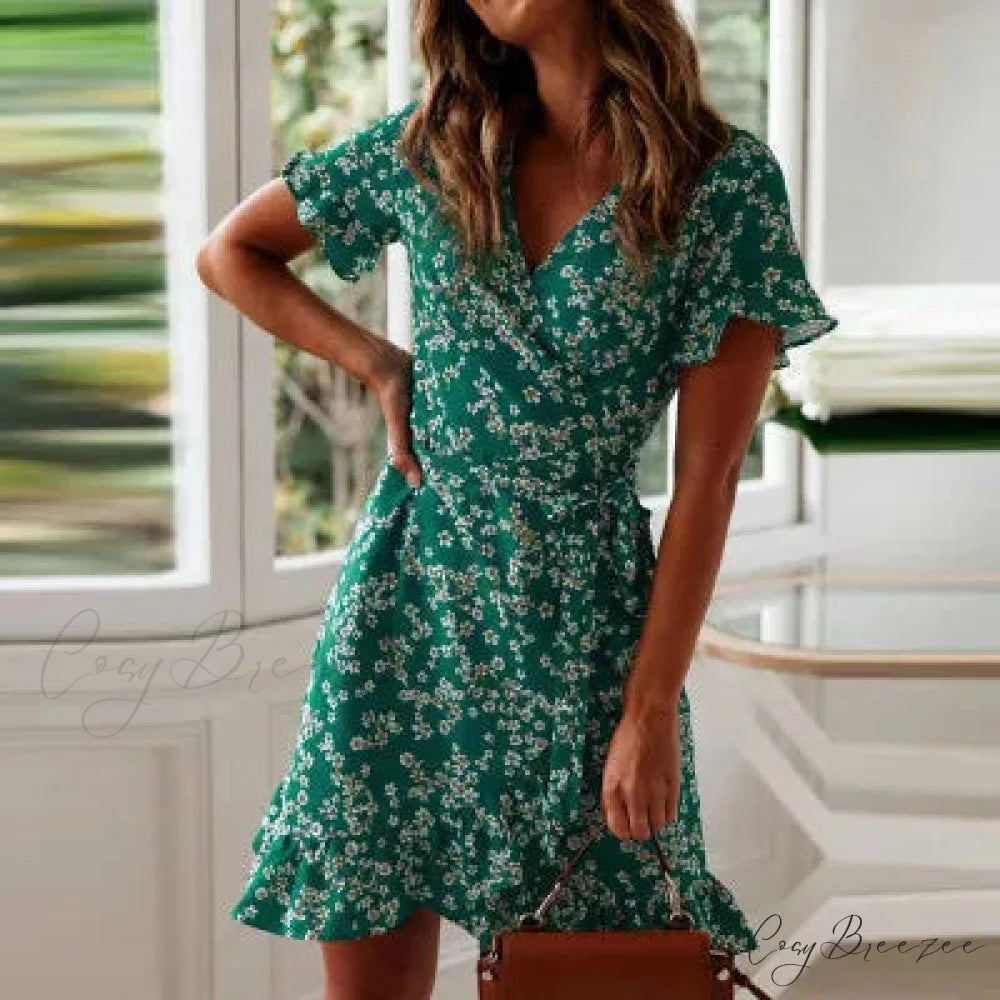 Sexy Floral Print V-neck Chiffon Mini Floral Dress Green / S floraldress-250126