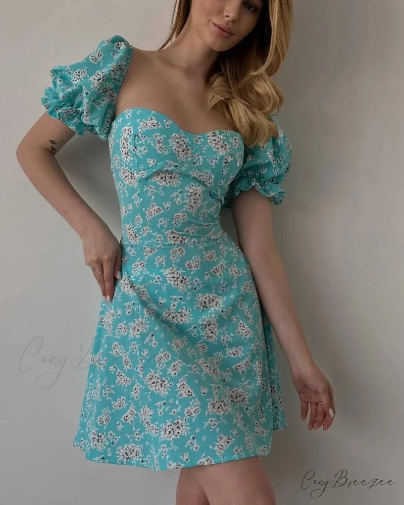 Sexy Floral Print Wrap Dress lake blue / S oldfloraldress-250126
