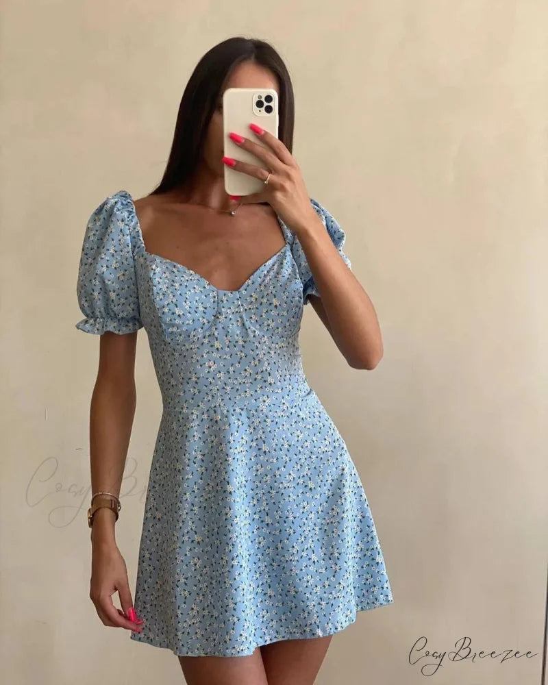 Sexy Floral Print Wrap Dress sky blue / S oldfloraldress-250126