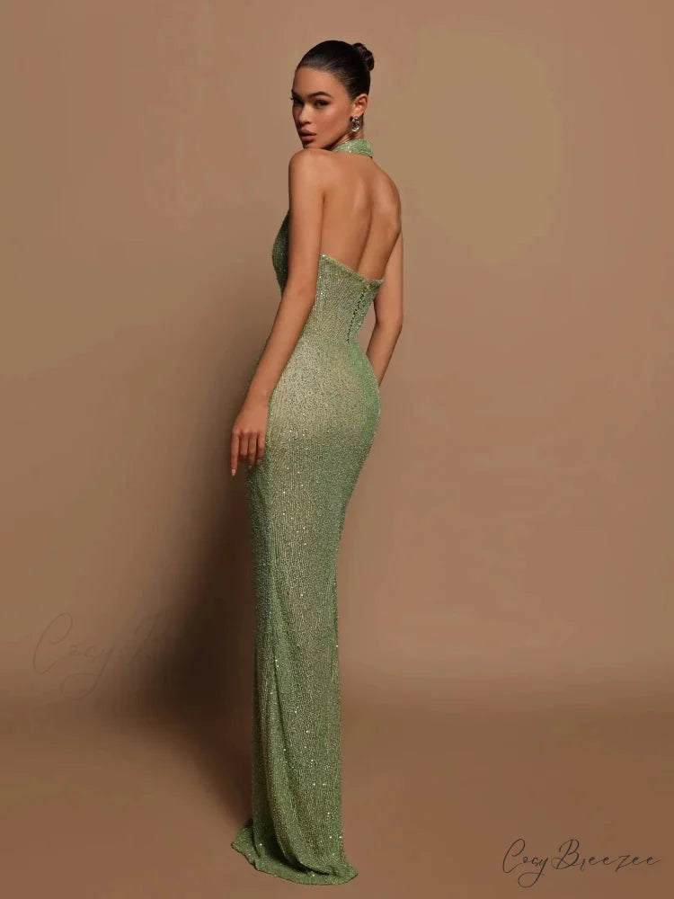 Sexy Halter Deep V Neck Sequins Green Sleeveless Backless Celebrity Christmas Party Dress