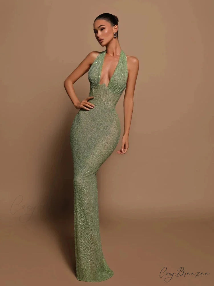 Sexy Halter Deep V Neck Sequins Green Sleeveless Backless Celebrity Christmas Party Dress