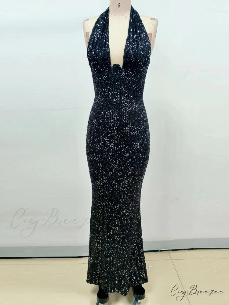 Sexy Halter Deep V Neck Sequins Green Sleeveless Backless Celebrity Christmas Party Dress Black / S