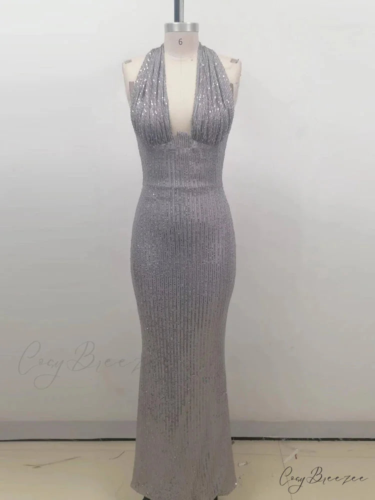Sexy Halter Deep V Neck Sequins Green Sleeveless Backless Celebrity Christmas Party Dress GRAY / S