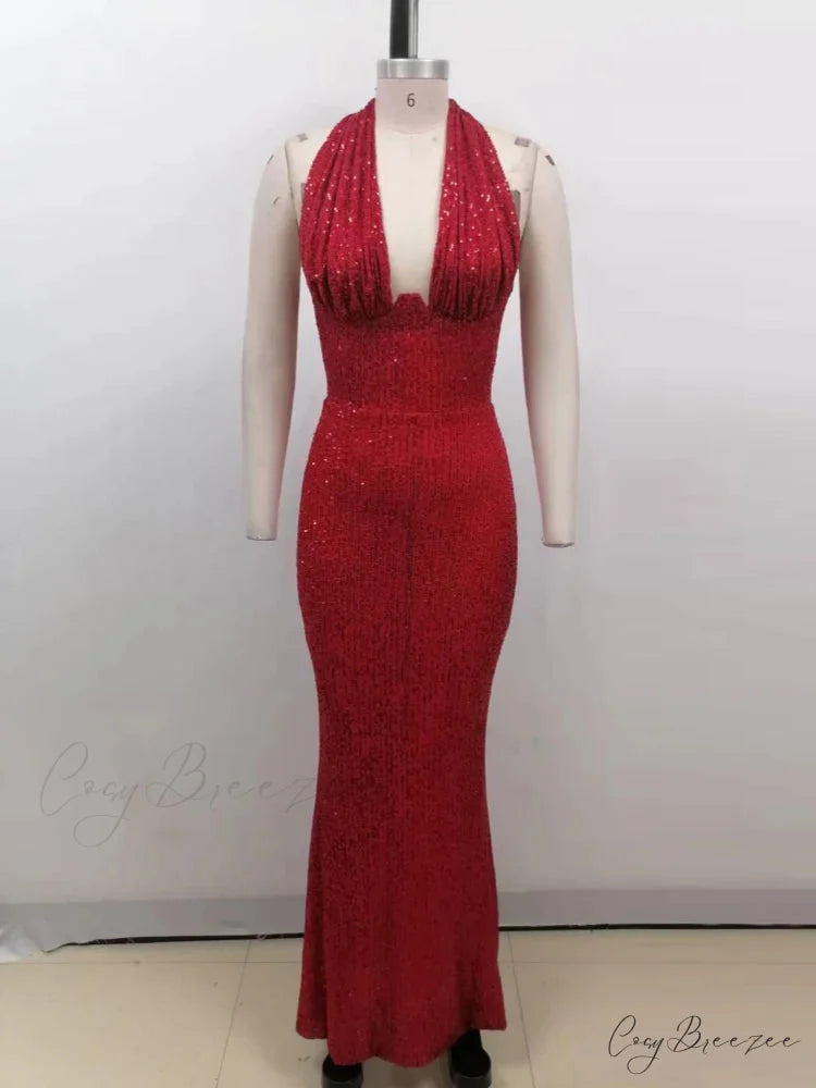 Sexy Halter Deep V Neck Sequins Green Sleeveless Backless Celebrity Christmas Party Dress Red / S