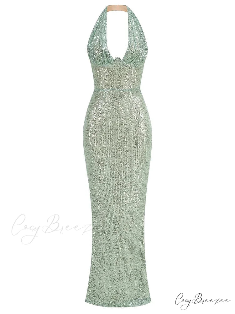 Sexy Halter Deep V Neck Sequins Green Sleeveless Backless Celebrity Christmas Party Dress Green / S