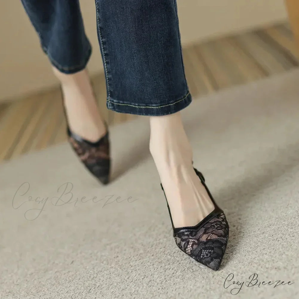 Sexy Lace Pointed Stiletto Back Empty Toe Summer Fashion Low Heel Pump