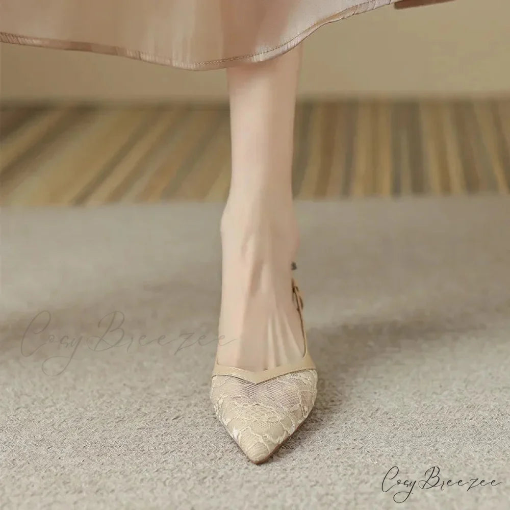 Sexy Lace Pointed Stiletto Back Empty Toe Summer Fashion Low Heel Pump