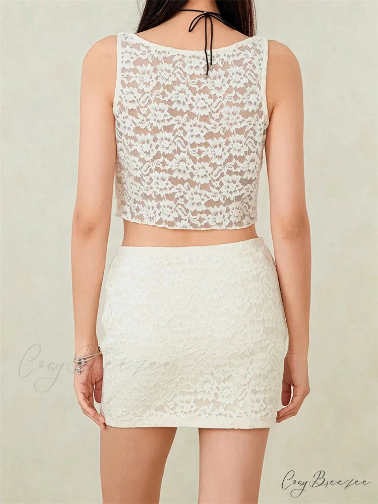 Sexy Lace Sleeveless Tank Top with Short Skirt Set twopiecesset-250126