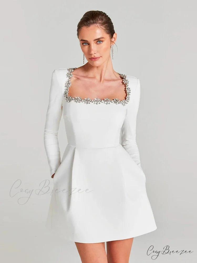 Sexy Long Sleeves Square Collar Crystal A-Line Slim Dress Elegant Christmas Party Dress