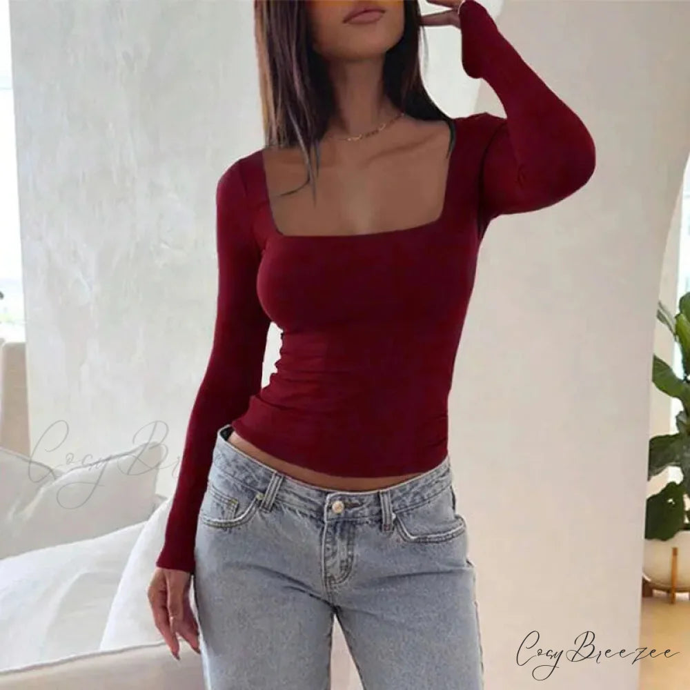 Sexy Low Chest Elegant T-shirt Sweater Wine Red / S swraters-241228